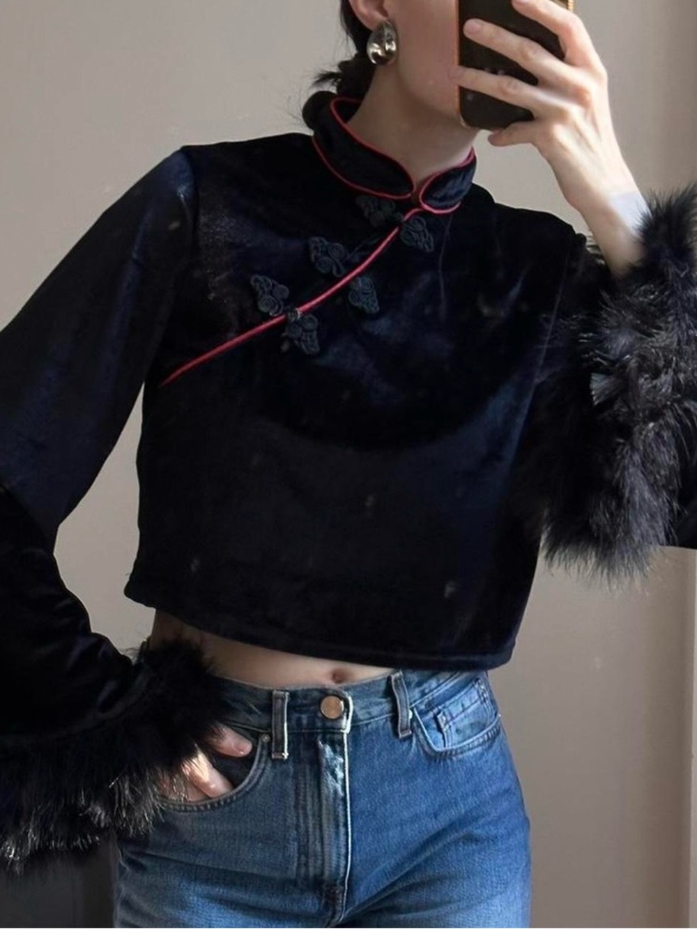 Black Velvet Cropped Mandarin Collar Top with Faux Fur Cuffs